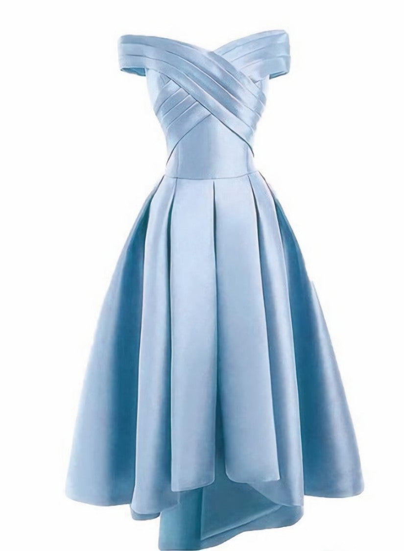 Light Blue Satin Off Shoulder High Low Party Dress Outfits For Women Homecoming Dresses For Black girls For Women, Short Prom Dress