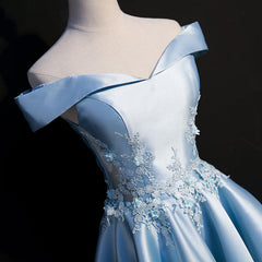 Light Blue Satin with Lace Applique High Low Homecoming Dress Outfits For Girls, Blue Short Off Shoulder Formal Dress