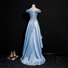 Light Blue Satin with Lace Applique High Low Homecoming Dress Outfits For Girls, Blue Short Off Shoulder Formal Dress