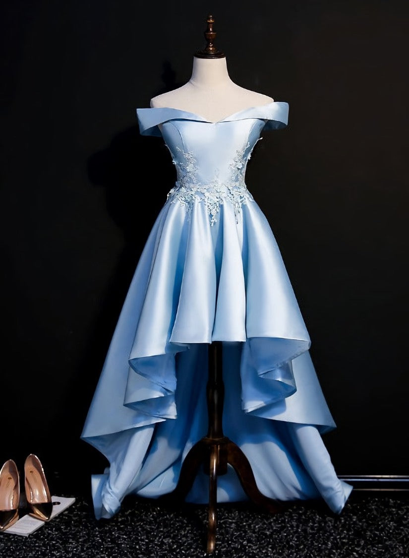 Light Blue Satin with Lace Applique High Low Homecoming Dress Outfits For Girls, Blue Short Off Shoulder Formal Dress