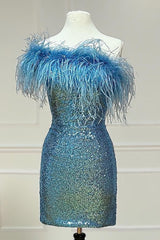 Light Blue Sparkly Tight Sequins Homecoming Dress with Feathers