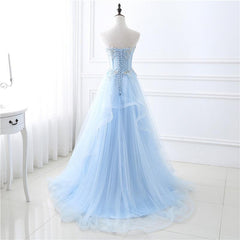 Light Blue Sweetheart Evening Dress Outfits For Girls, Long Tulle Prom Dress