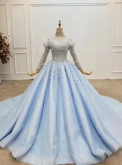 Light Blue Tuille High Neck Long Sleeve Beading Wedding Dress