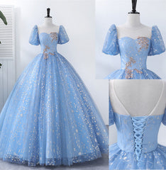 Light Blue Tulle Short Sleeves Long Formal Dress Outfits For Girls, Blue Sweet 16 Dress