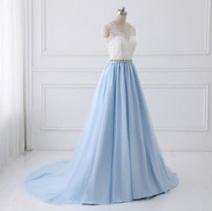 Light Blue Tulle V Back Long Party Dress Outfits For Women with Bow, Blue Evening Dress Outfits For Women Wedding Party Dress