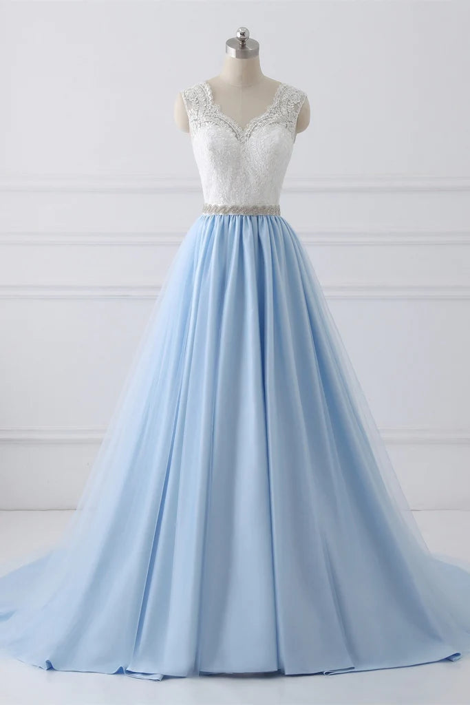 Light Blue Tulle V Back Long Party Dress Outfits For Women with Bow, Blue Evening Dress Outfits For Women Wedding Party Dress