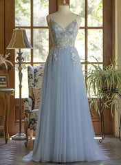 Light Blue Tulle V-neckline Straps with Lace Long Party Dress Outfits For Girls, Blue A-line Prom Dress