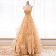 Light Champagne V-neckline Layers Straps Shiny Tulle Party Dress Outfits For Girls, Champagne Evening Gown Formal Dress