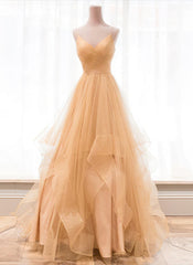 Light Champagne V-neckline Layers Straps Shiny Tulle Party Dress Outfits For Girls, Champagne Evening Gown Formal Dress