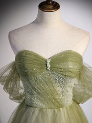 Light Green Sweetheart Tulle Beaded Party Dress Outfits For Girls, Green Long Prom Dress