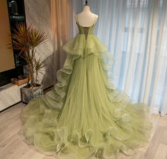 Light Green Tulle Layers Ball Gown Wedding Party Dress Outfits For Girls, Long Evening Dress Outfits For Women Prom Dress