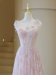 Light Pink Round Neckline Lace Long Prom Dress Outfits For Girls, A-line Pink Floor Length Party Dress