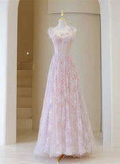 Light Pink Round Neckline Lace Long Prom Dress Outfits For Girls, A-line Pink Floor Length Party Dress