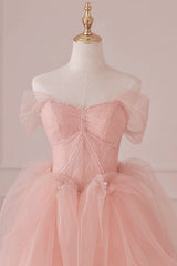 Light Pink Tulle Off Shoulder Lace and Beaded Prom Dress Outfits For Girls, Pink Formal Dress