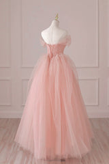 Light Pink Tulle Off Shoulder Lace and Beaded Prom Dress Outfits For Girls, Pink Formal Dress