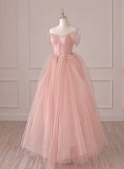 Light Pink Tulle Off Shoulder Lace and Beaded Prom Dress Outfits For Girls, Pink Formal Dress