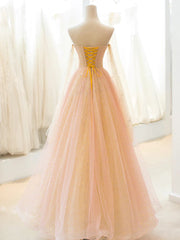 Light Pink Tulle Sweetheart Long Prom Dress Outfits For Girls, Pink Tulle Formal Dress