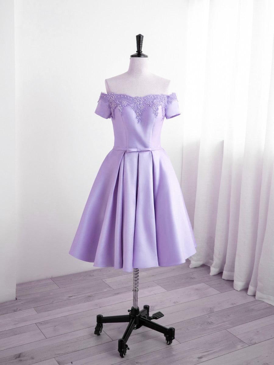 Light Purple Satin Short Party Dress Outfits For Women with Lace, Cute Short Homecoming Dress