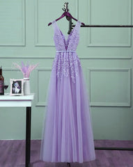 Light Purple Tulle Long Party Dress Outfits For Women , A-line Bridesmaid Dress