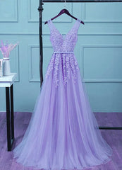 Light Purple Tulle Long Party Dress Outfits For Women , A-line Bridesmaid Dress