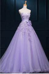 Light Purple Tulle Long Sweet 16 Dress Outfits For Women with Bow, Lace Applique Purple Prom Dress Outfits For Women Party Dress