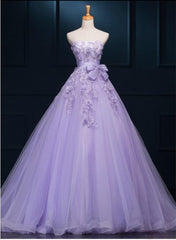 Light Purple Tulle Long Sweet 16 Dress Outfits For Women with Bow, Lace Applique Purple Prom Dress Outfits For Women Party Dress