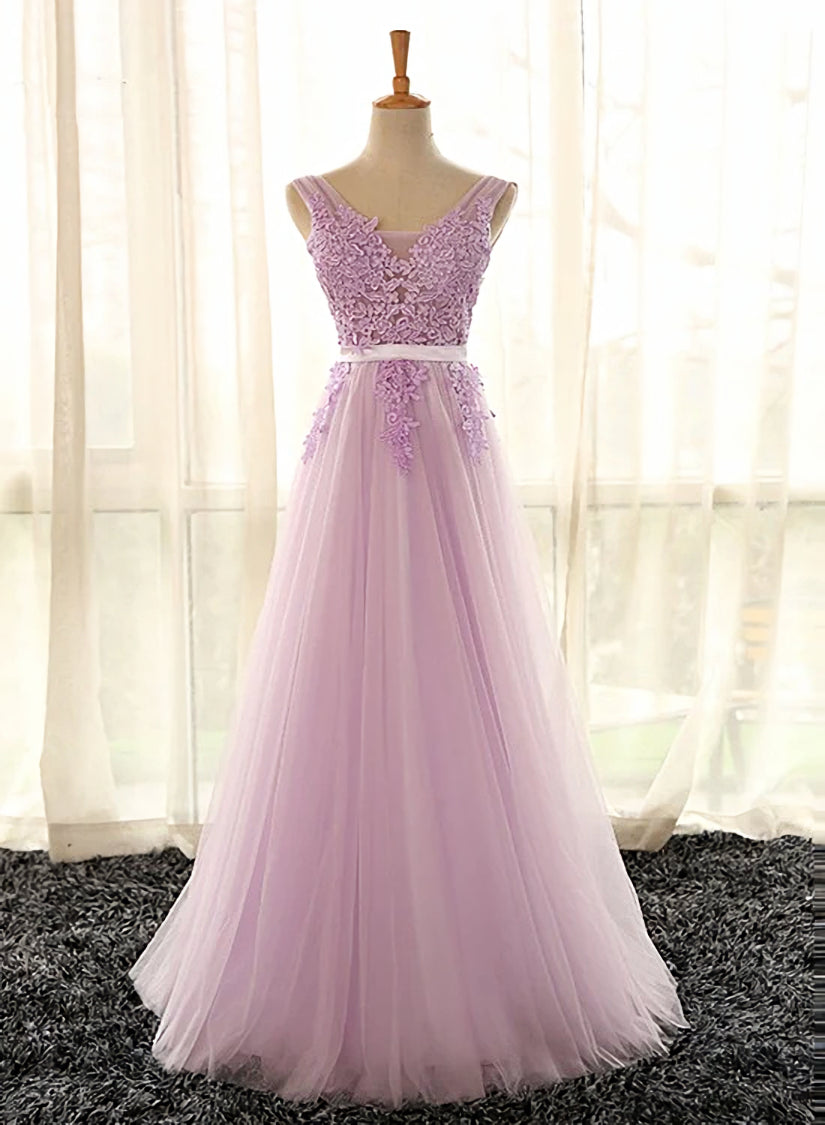 Light Purple V-neckline Long Formal Dress Outfits For Girls, Tulle Lace Applique Bridesmaid Dress