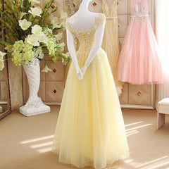 Light Yellow Tulle Cap Sleeves with Lace Applique Prom Dress Outfits For Girls, Yellow Long Evening Dress