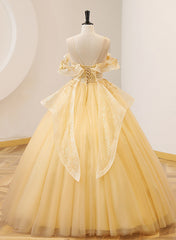 Light Yellow Tulle with Beadings and Lace Party Dress Outfits For Girls, Yellow Tulle Prom Dress