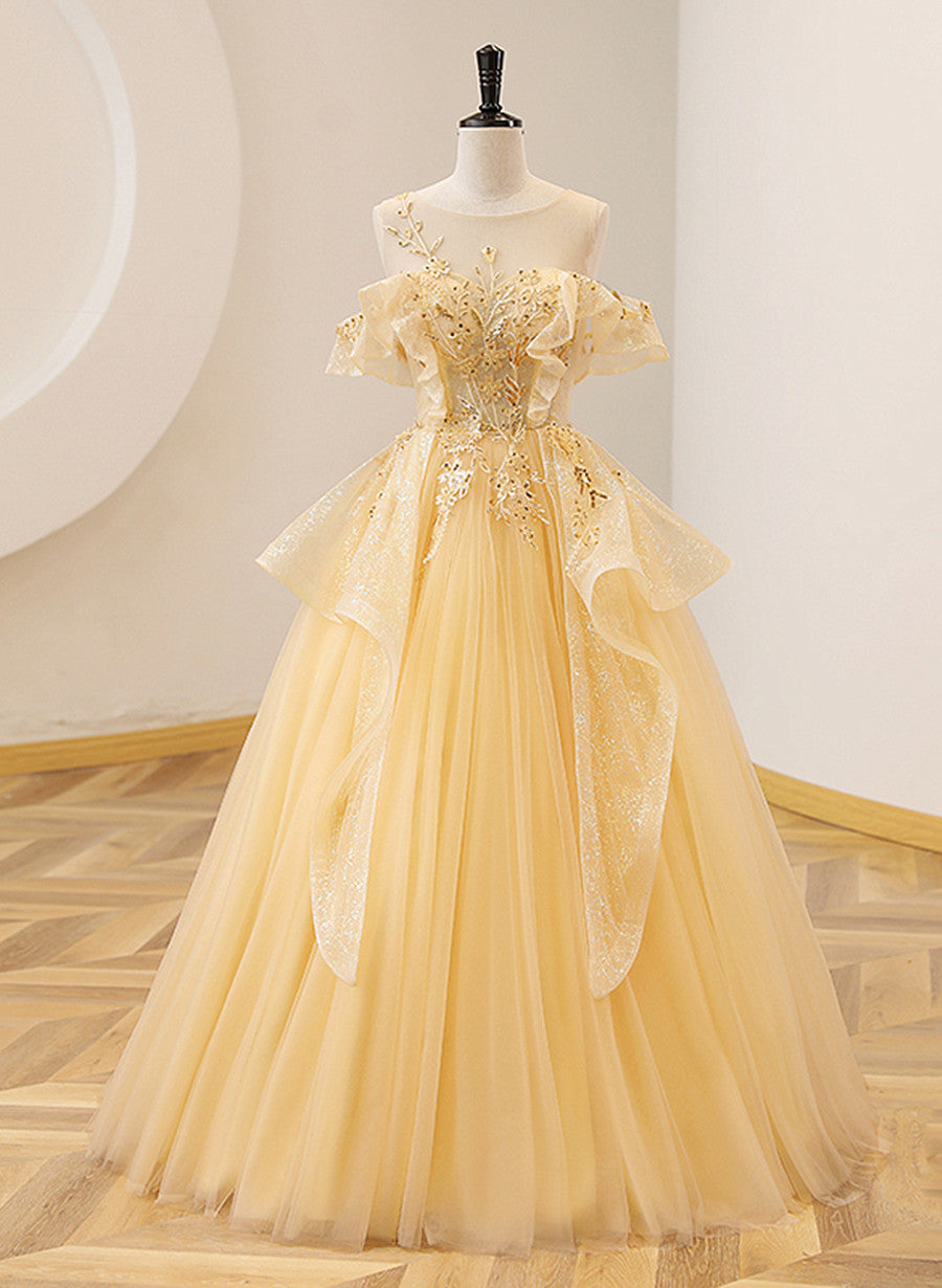 Light Yellow Tulle with Beadings and Lace Party Dress Outfits For Girls, Yellow Tulle Prom Dress