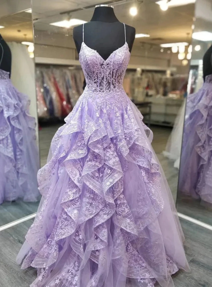 Lilac Lace Spaghetti Straps Prom Dress