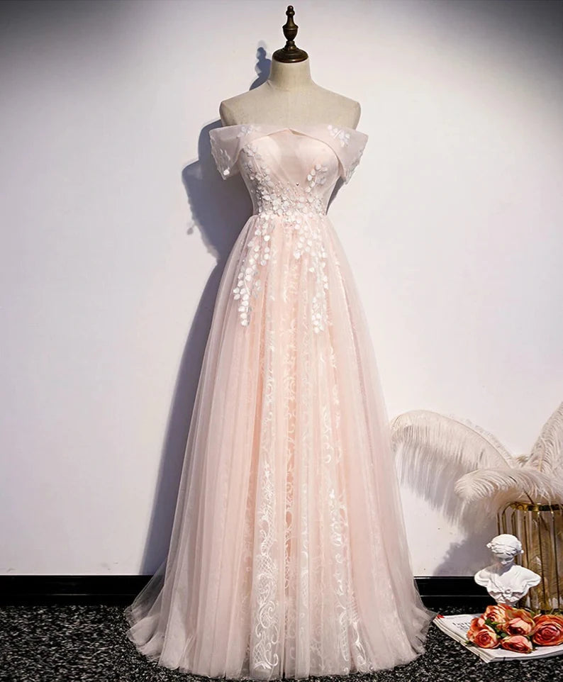 Long Pink Off Shoulder A-line Prom Dress Outfits For Women with Lace, Sweetheart Evening Dress