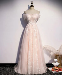 Long Pink Off Shoulder A-line Prom Dress Outfits For Women with Lace, Sweetheart Evening Dress