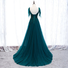 Lovely A-line Straps Tulle Teal Blue Long Evening Dress Outfits For Women Prom Dress Outfits For Girls, A-line Formal Dresses