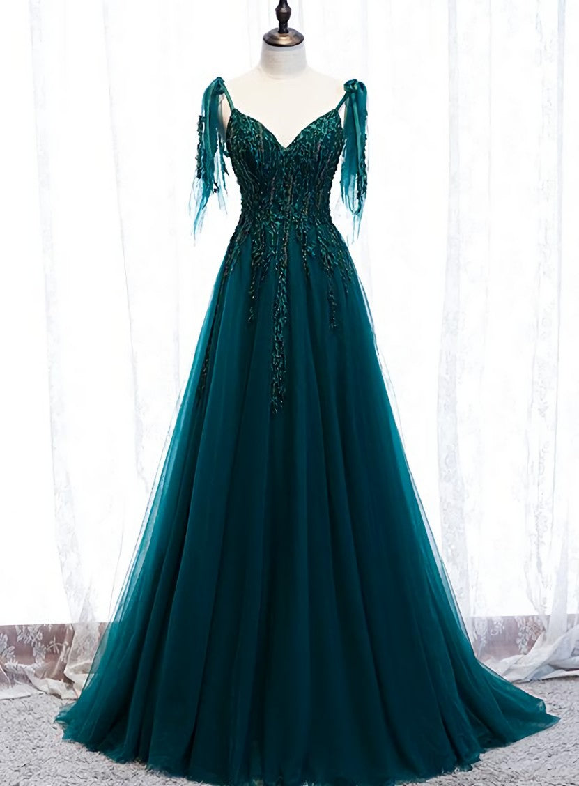 Lovely A-line Straps Tulle Teal Blue Long Evening Dress Outfits For Women Prom Dress Outfits For Girls, A-line Formal Dresses