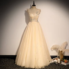 Lovely Champagne Sequins Long Party Dress Outfits For Girls, A-line Tulle Formal Dress