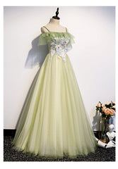 Lovely Flowers Off Shoulder Tulle Long Party Dress Outfits For Girls, A-line Tulle Light Green Prom Dress