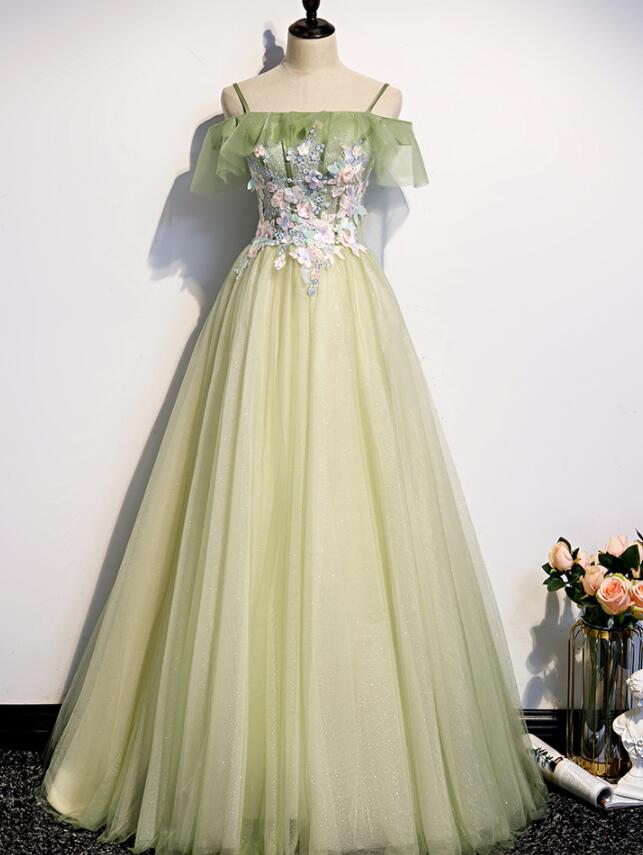 Lovely Flowers Off Shoulder Tulle Long Party Dress Outfits For Girls, A-line Tulle Light Green Prom Dress