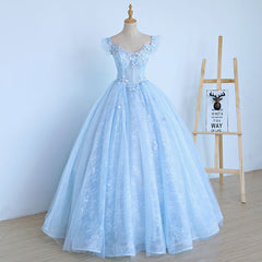 Lovely Light Blue Lace Cap Sleeve Sweet 16 Prom Dress Outfits For Girls, Evening Dress