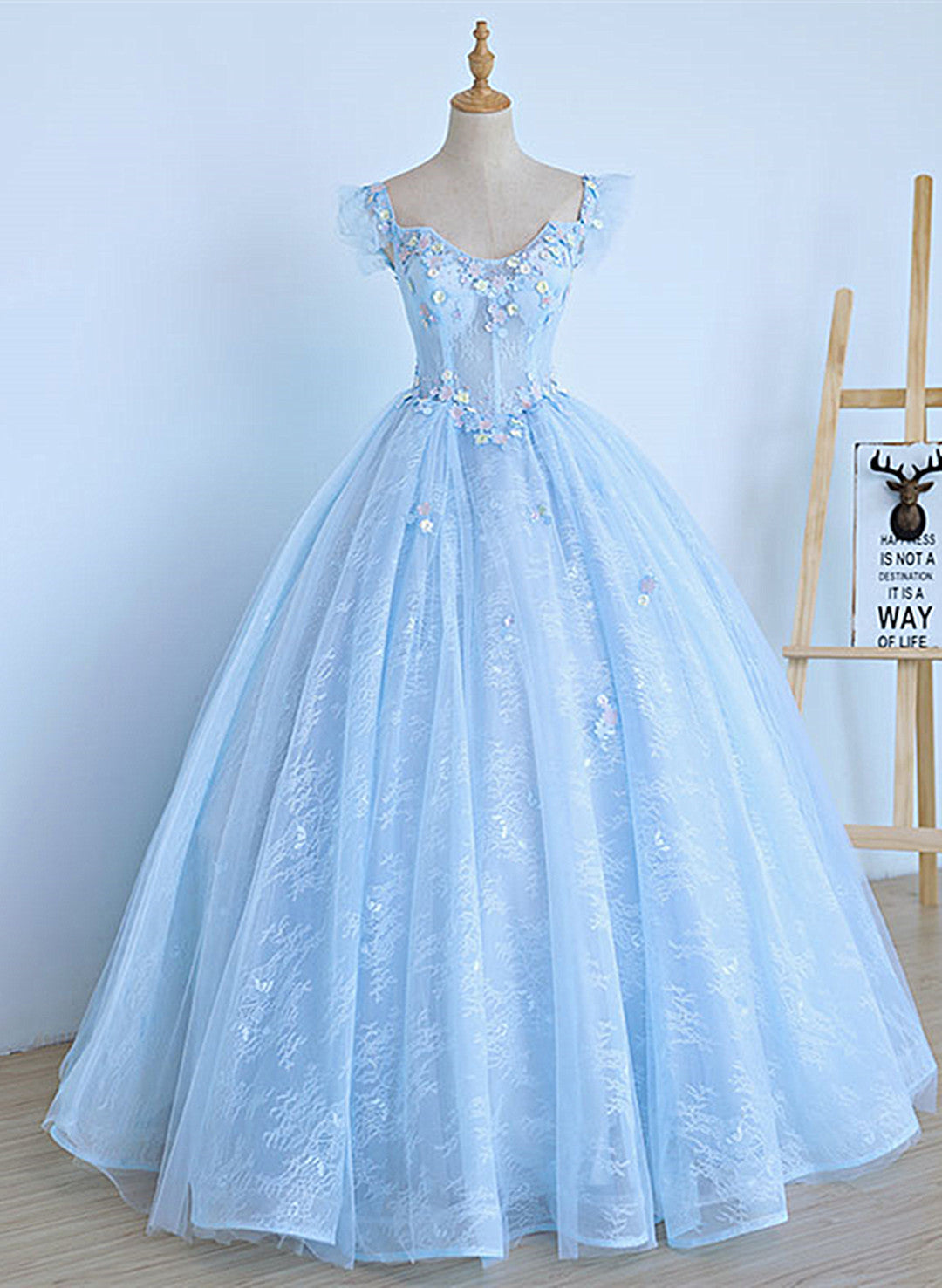 Lovely Light Blue Lace Cap Sleeve Sweet 16 Prom Dress Outfits For Girls, Evening Dress