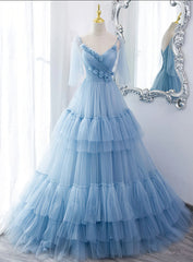 Lovely Light Blue Tulle with Straps Layers Long Formal Dresses For Black girls For Women, Blue Evening Gown Party Dresses