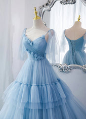 Lovely Light Blue Tulle with Straps Layers Long Formal Dresses For Black girls For Women, Blue Evening Gown Party Dresses