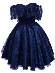 Lovely Navy Blue Lace Short Off Shoulder Prom Dress Outfits For Girls, Navy Blue Lace Homecoming Dresses