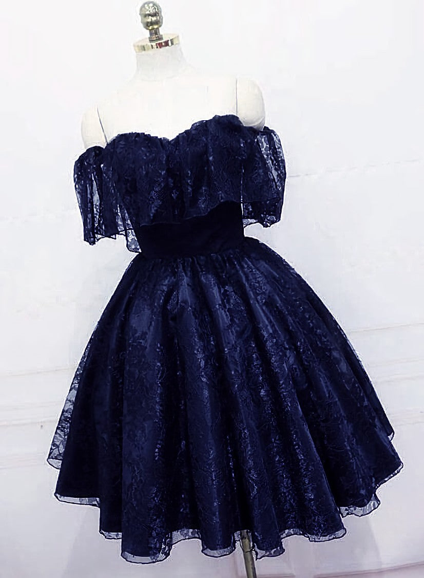 Lovely Navy Blue Lace Short Off Shoulder Prom Dress Outfits For Girls, Navy Blue Lace Homecoming Dresses