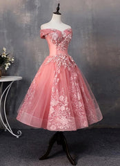 Lovely Pink Off Shoulder Party Dress Outfits For Girls, Lace Applique Prom Dress