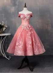 Lovely Pink Off Shoulder Party Dress Outfits For Girls, Lace Applique Prom Dress