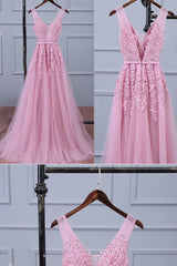 Lovely Pink V-neckline Long Party Dress Outfits For Women ,Tulle Bridesmaid Dress