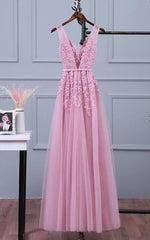 Lovely Pink V-neckline Long Party Dress Outfits For Women ,Tulle Bridesmaid Dress