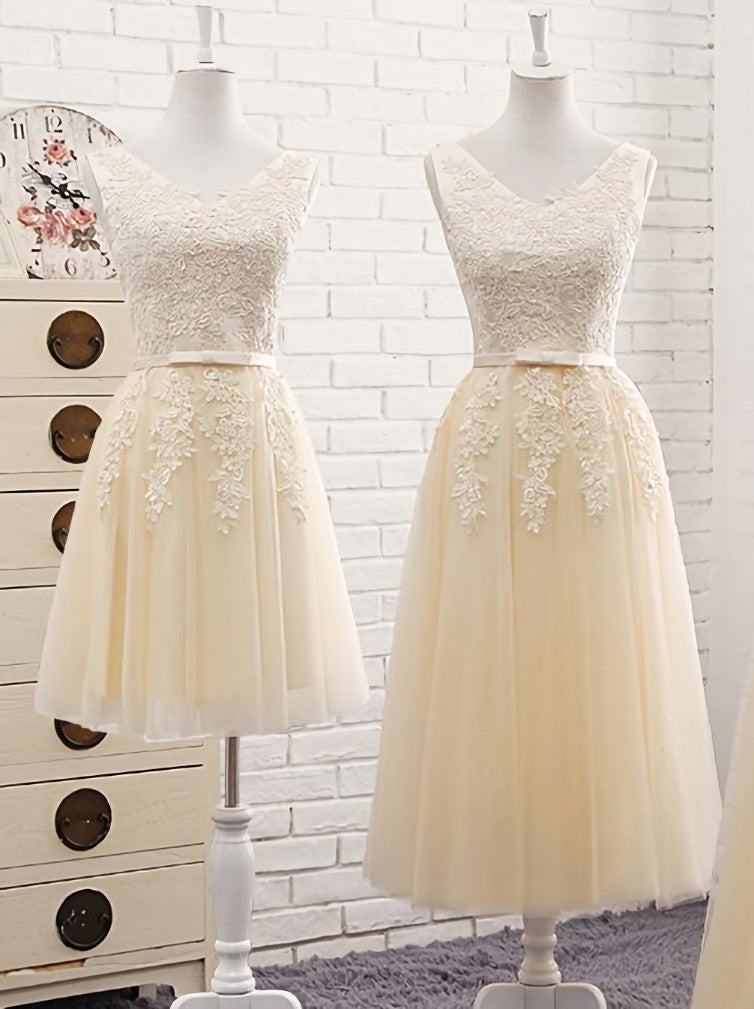 Lovely Tulle Light Champagne Bridesmaid Dress Outfits For Girls, Long Party Dress