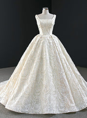 Luxury Champagne Ball Gown Tulle Pearls Square Wedding Dress